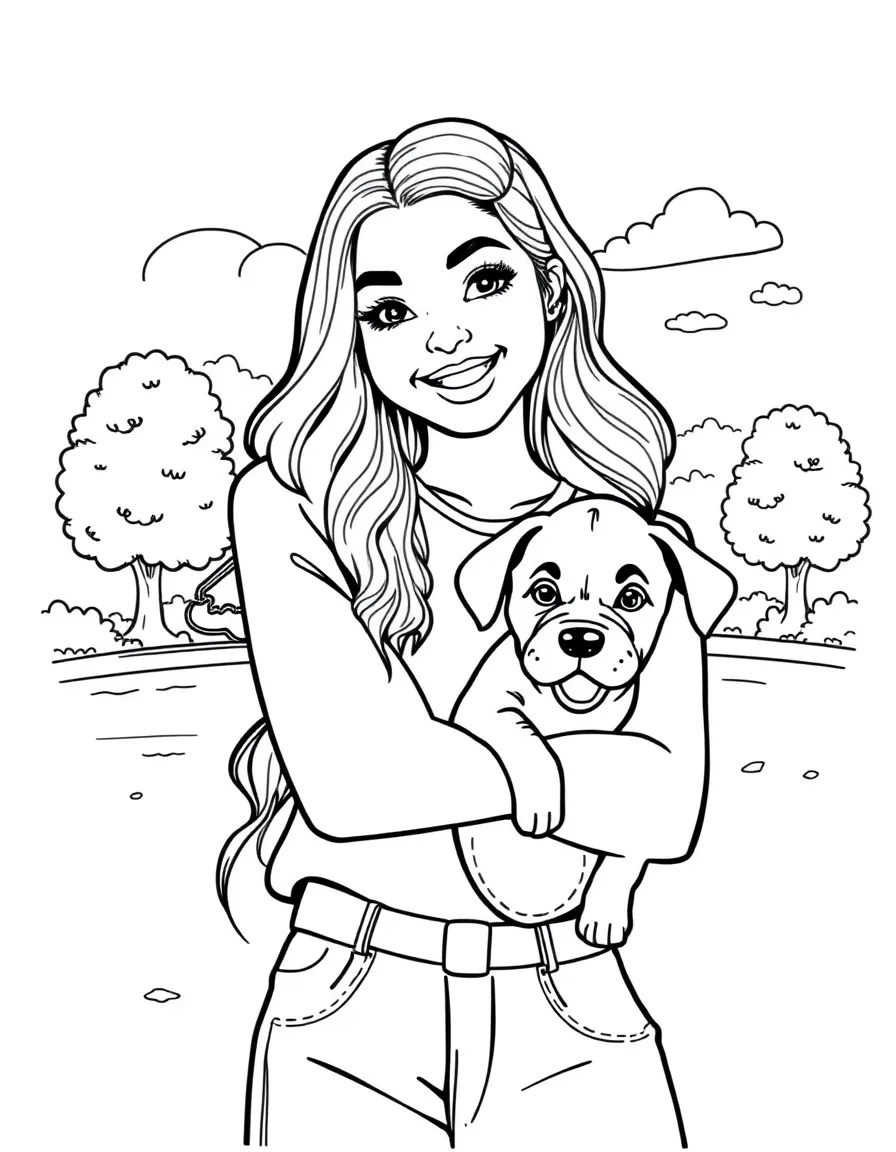 Zendaya smiling and holding a puppy with a park background – a fun and kid-friendly coloring page.