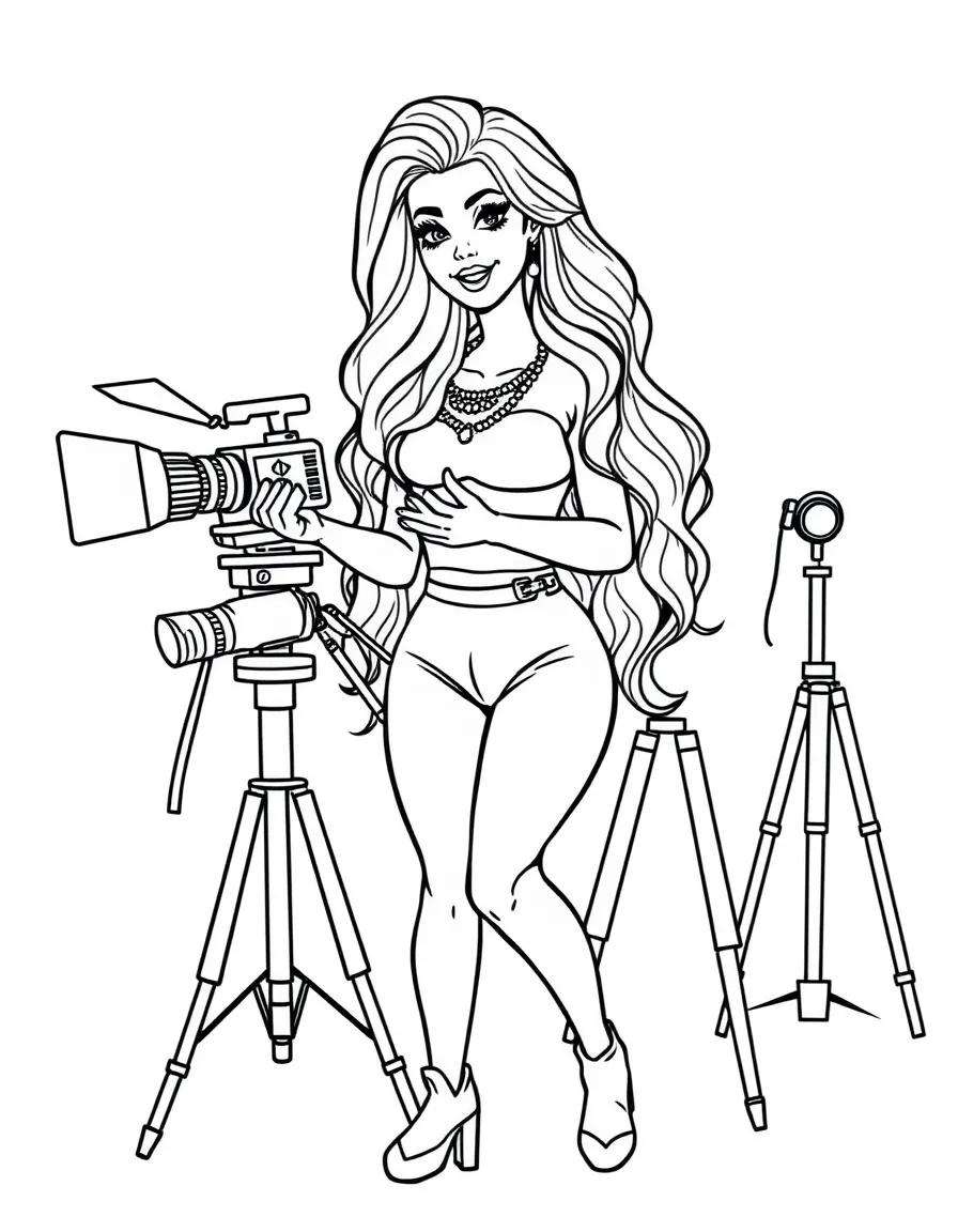 Shakira acting in a scene on a movie set with cameras – a fun and kid-friendly coloring page.