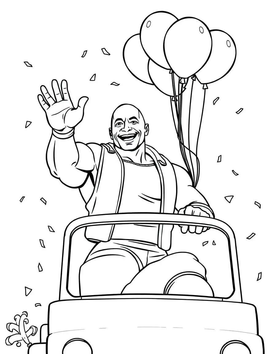 Dwayne Johnson waving from a parade float with balloons and confetti – a fun and kid-friendly coloring page.