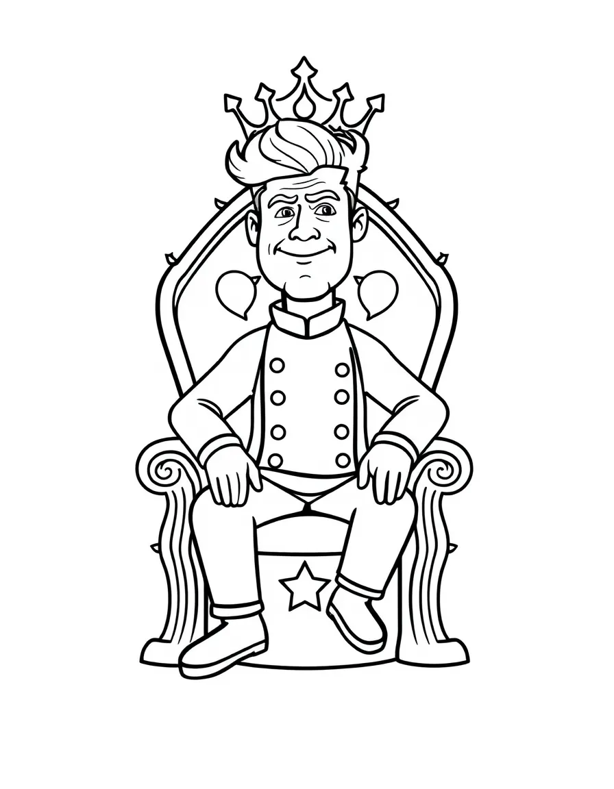 Gordon Ramsay sitting on a throne made of stars with a crown – a fun and kid-friendly coloring page.