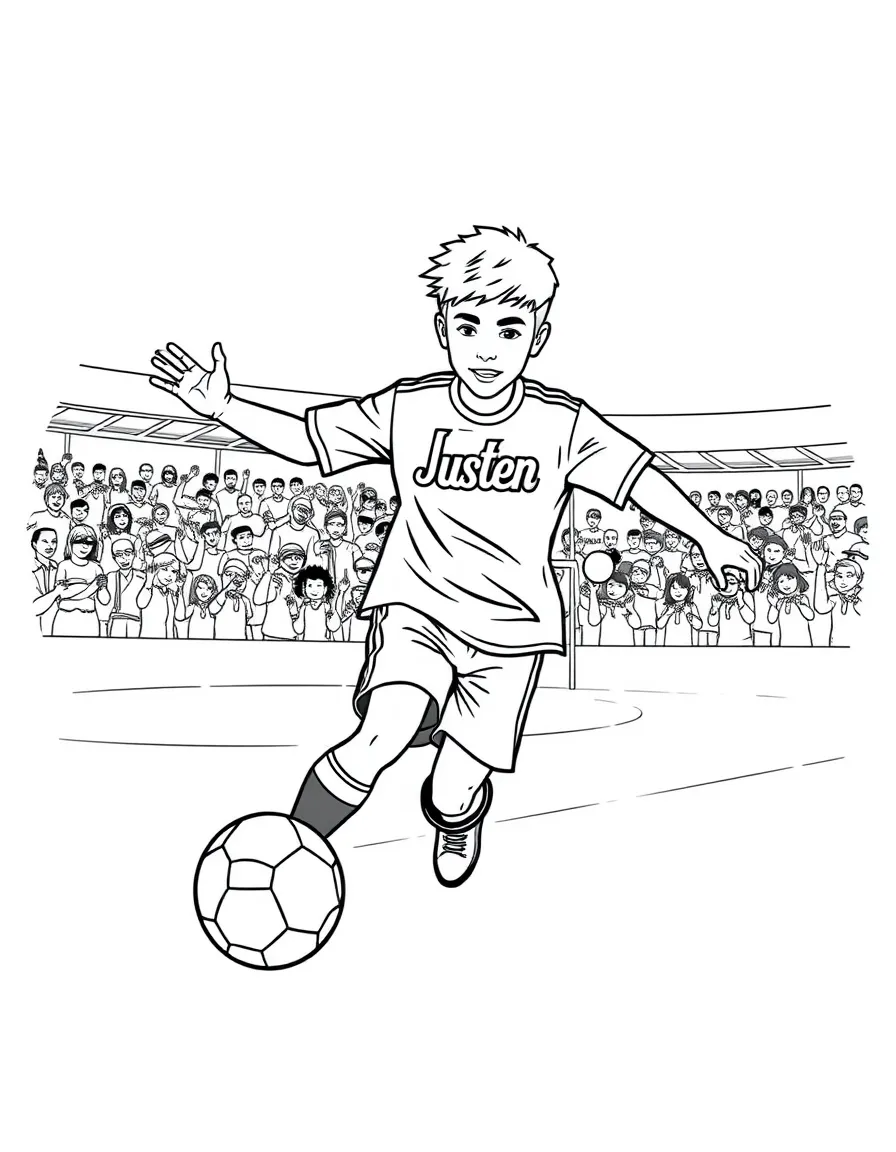 Justin Bieber playing soccer on a field with cheering fans in the stands – a fun and kid-friendly coloring page.