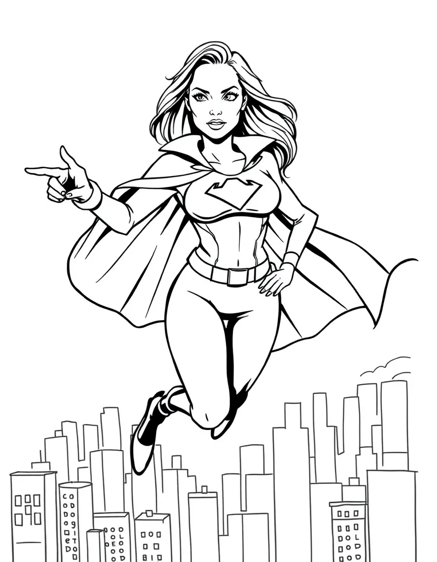 Angelina Jolie wearing a superhero cape and flying over a cityscape – a fun and kid-friendly coloring page.