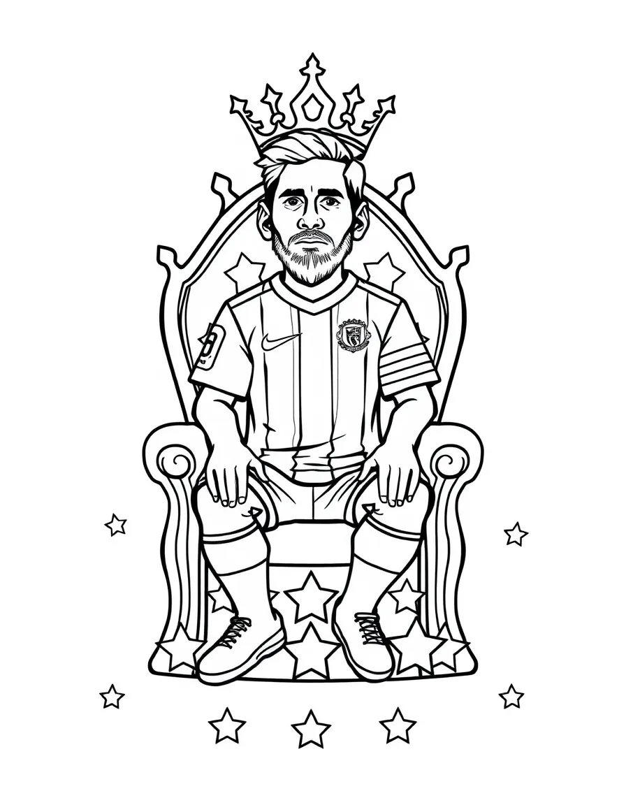 Lionel Messi sitting on a throne made of stars with a crown – a fun and kid-friendly coloring page.