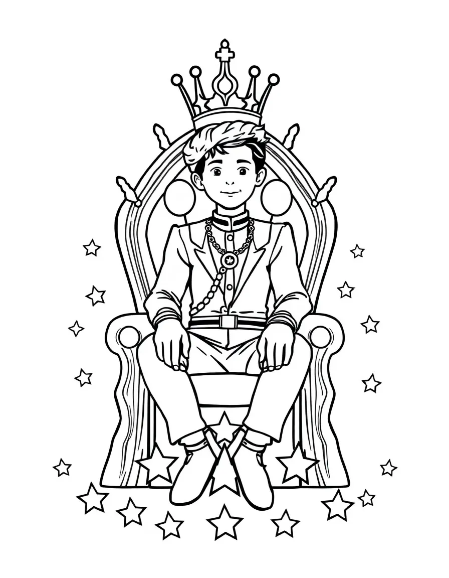 Timothée Chalamet sitting on a throne made of stars with a crown – a fun and kid-friendly coloring page.