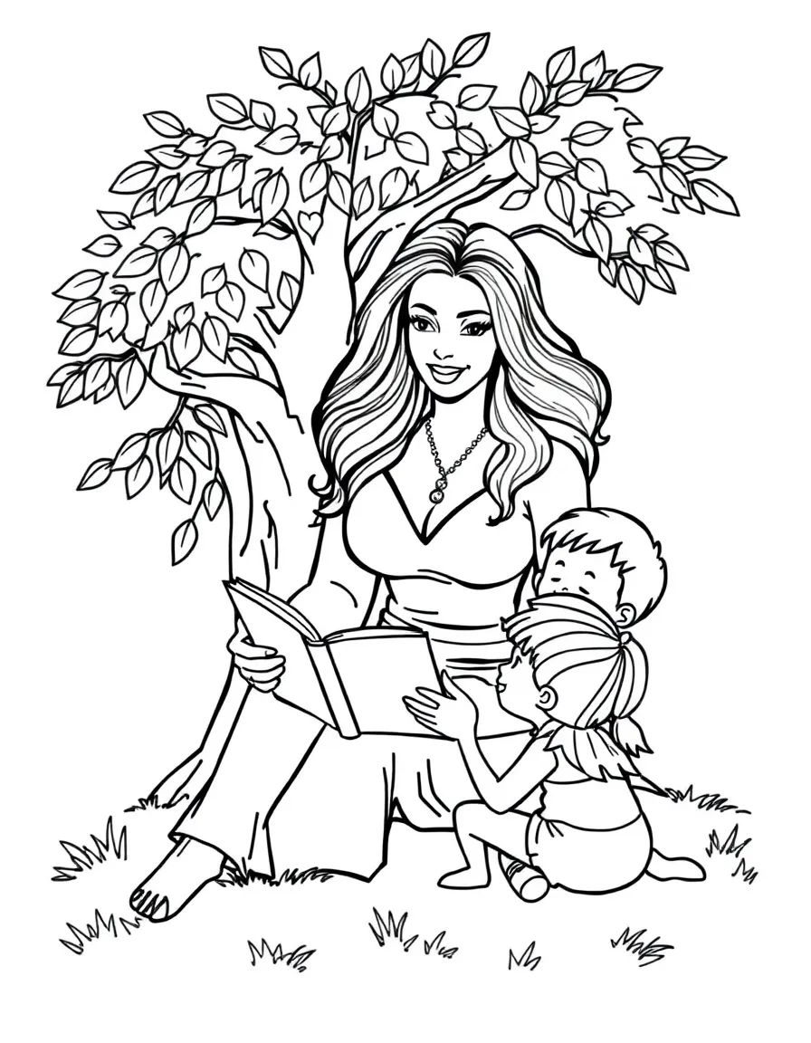 Jennifer Lopez reading a storybook to children under a tree – a fun and kid-friendly coloring page.