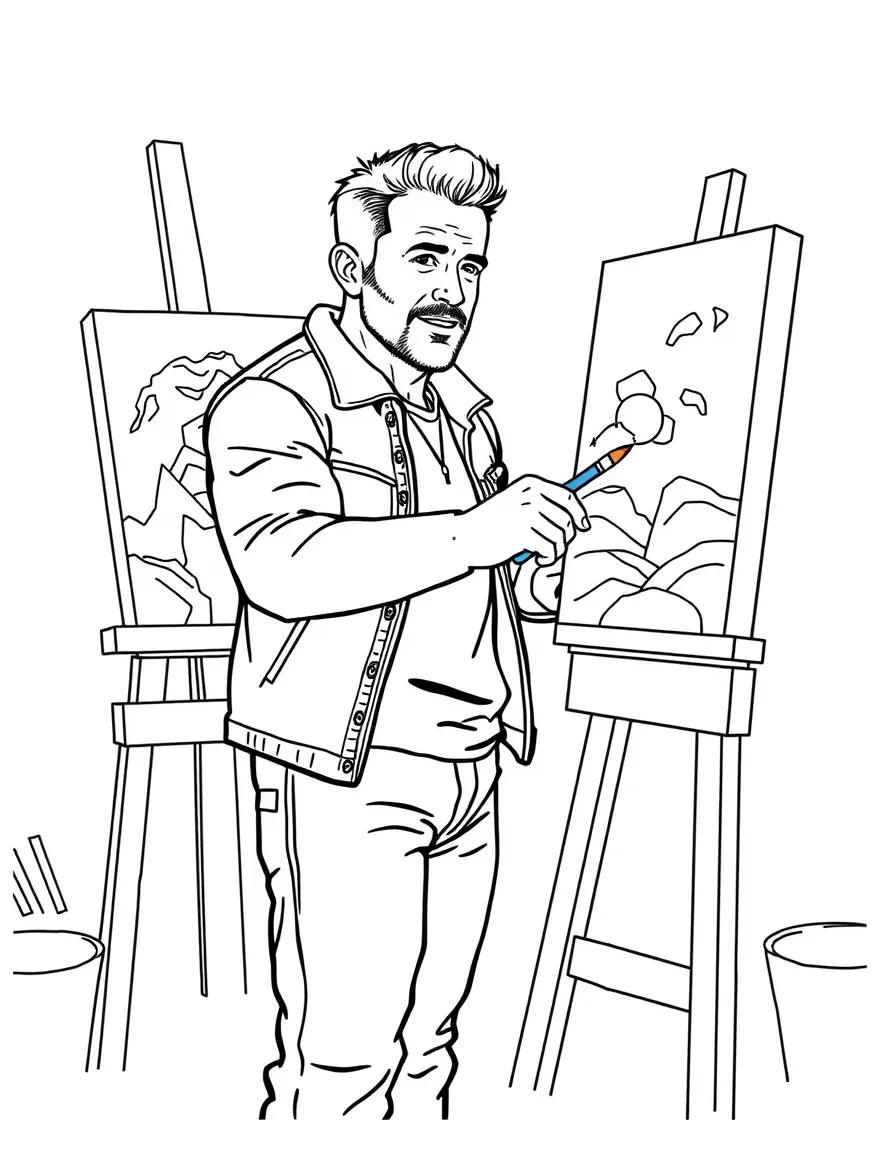 Ryan Reynolds painting a picture at an art studio – a fun and kid-friendly coloring page.