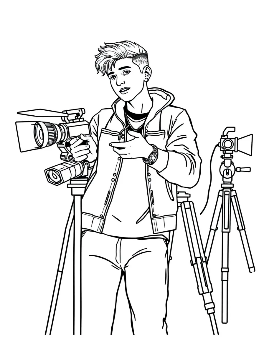 Shawn Mendes acting in a scene on a movie set with cameras – a fun and kid-friendly coloring page.