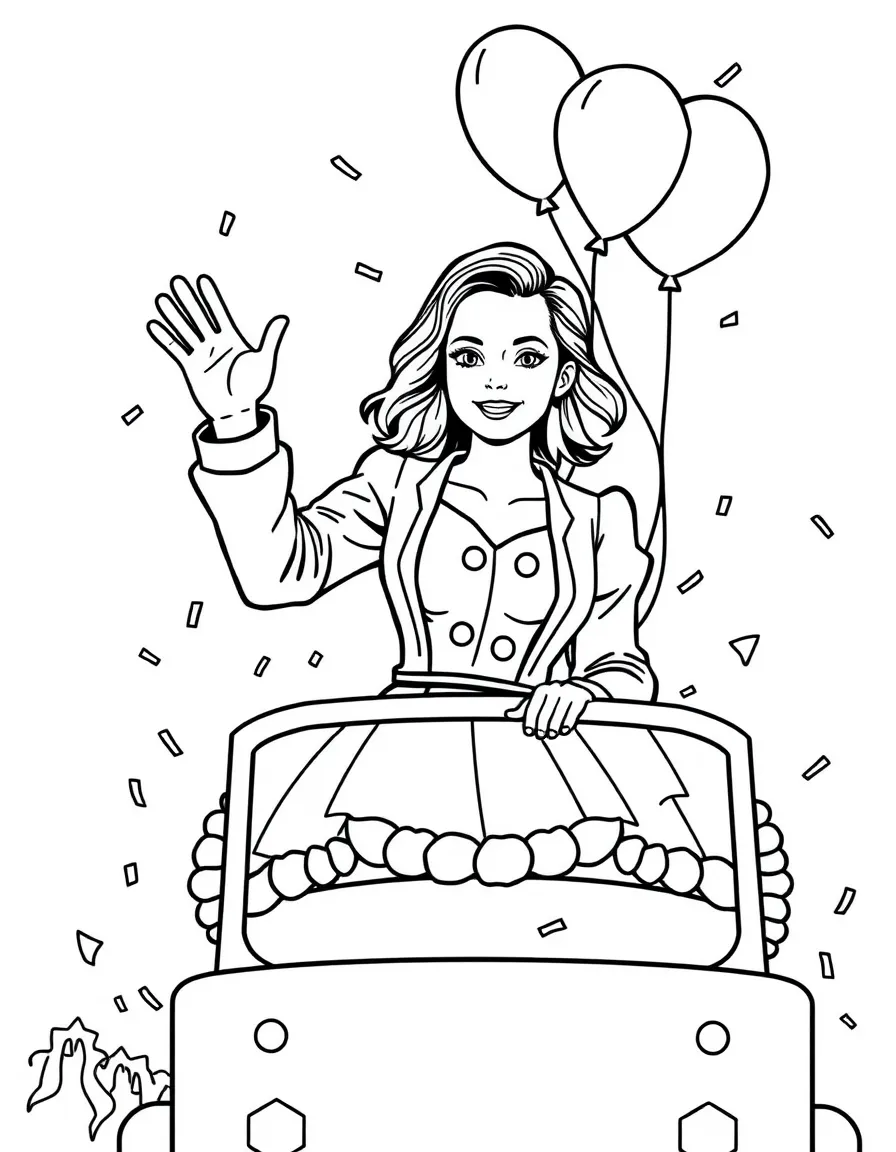 Emma Watson waving from a parade float with balloons and confetti – a fun and kid-friendly coloring page.