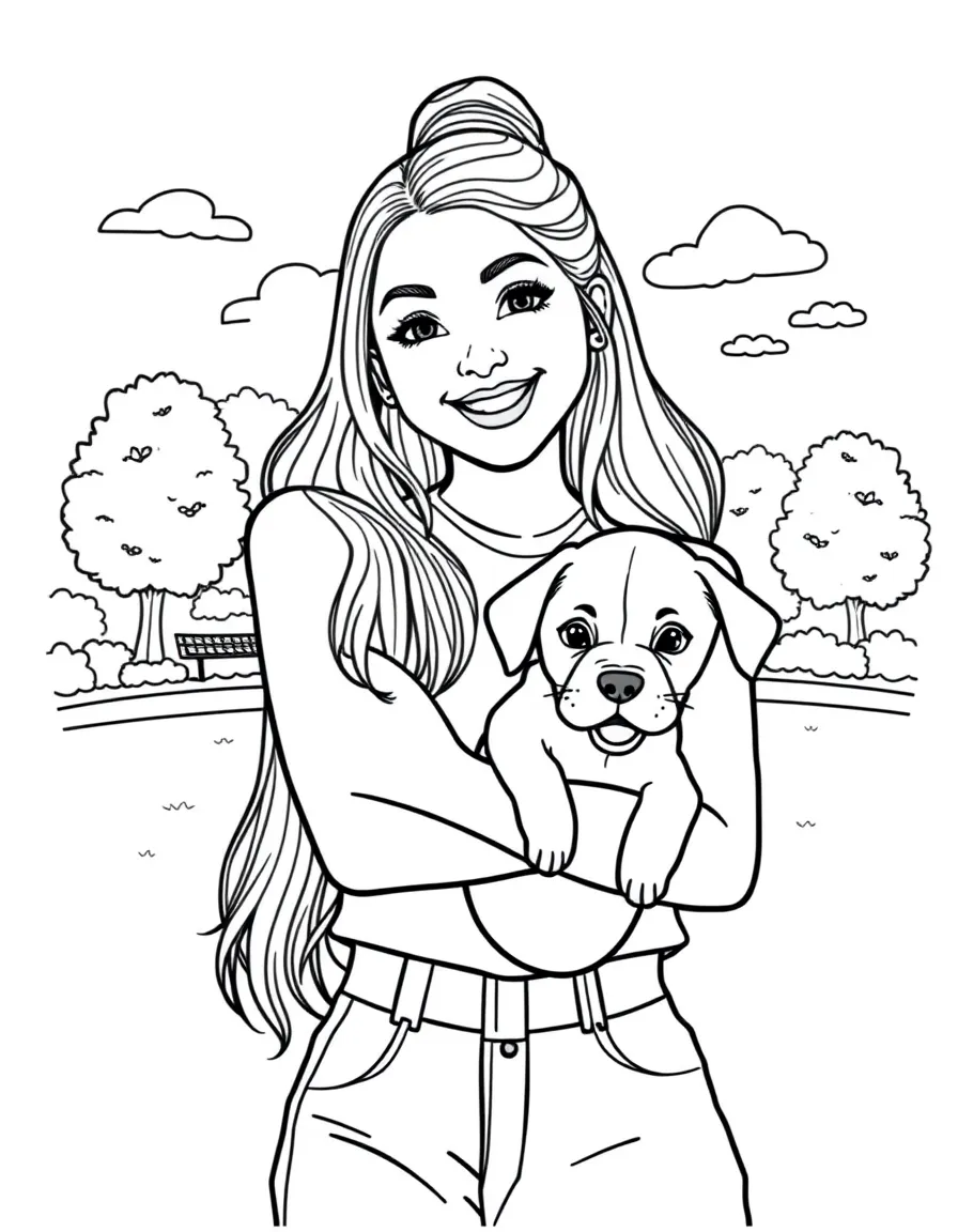 Ariana Grande smiling and holding a puppy with a park background – a fun and kid-friendly coloring page.