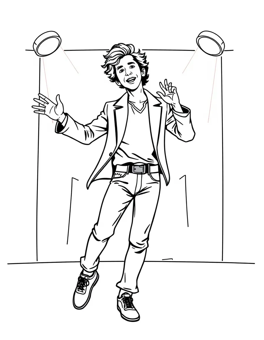 Timothée Chalamet dancing on a stage with spotlights and fun outfits – a fun and kid-friendly coloring page.