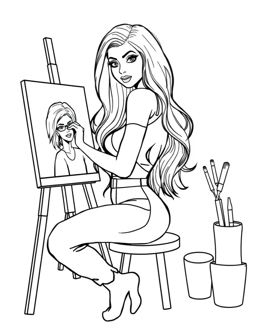 Kylie Jenner painting a picture at an art studio – a fun and kid-friendly coloring page.