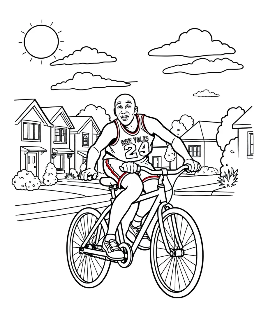Michael Jordan riding a bicycle through a sunny neighborhood – a fun and kid-friendly coloring page.
