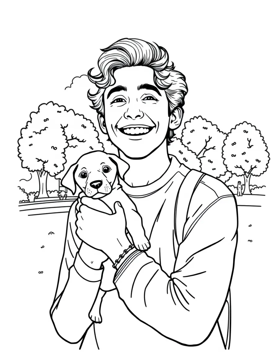 Timothée Chalamet smiling and holding a puppy with a park background – a fun and kid-friendly coloring page.