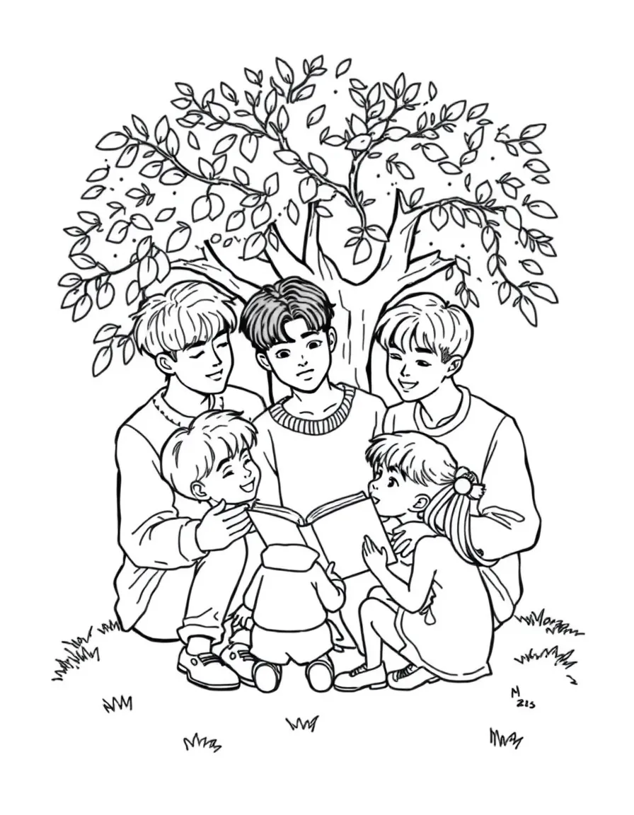 BTS Members reading a storybook to children under a tree – a fun and kid-friendly coloring page.