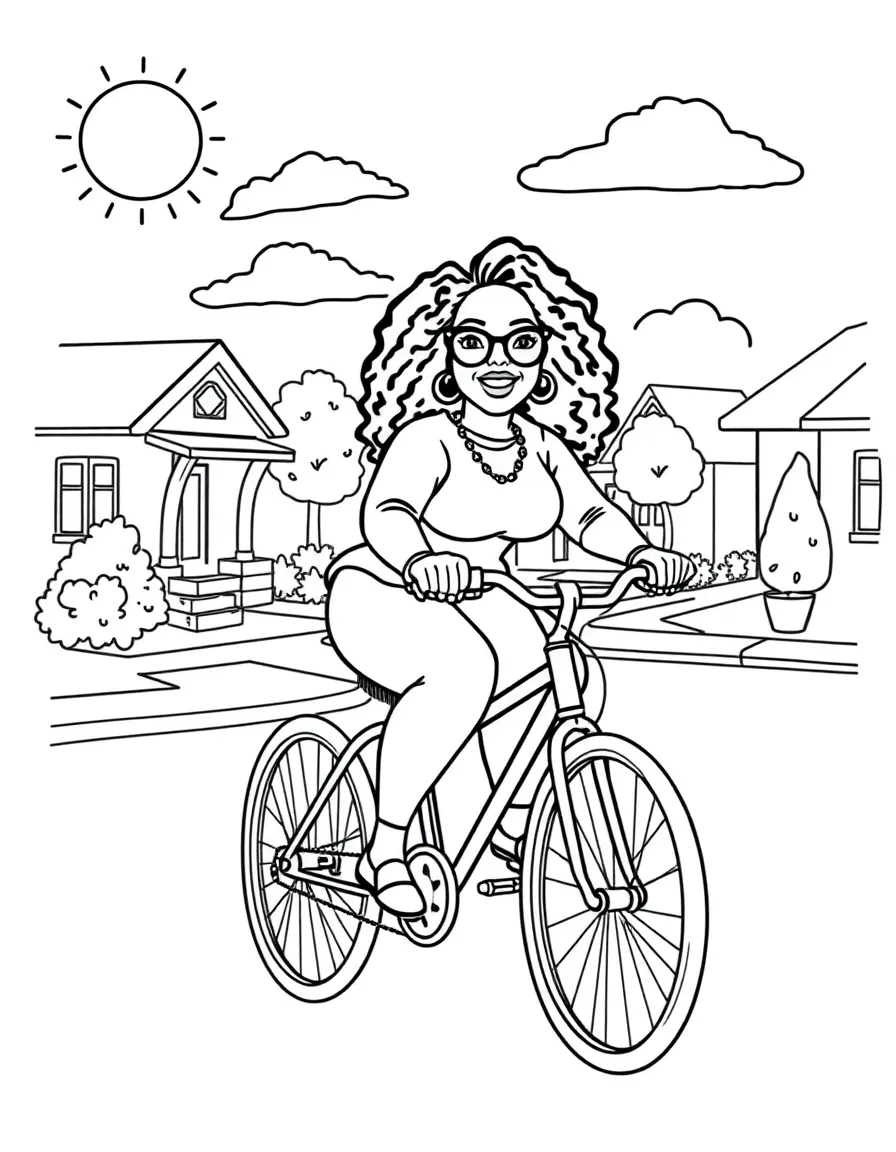 Oprah Winfrey riding a bicycle through a sunny neighborhood – a fun and kid-friendly coloring page.