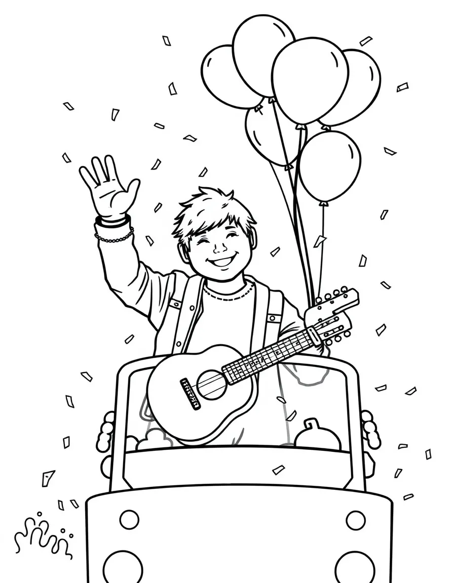 Ed Sheeran waving from a parade float with balloons and confetti – a fun and kid-friendly coloring page.