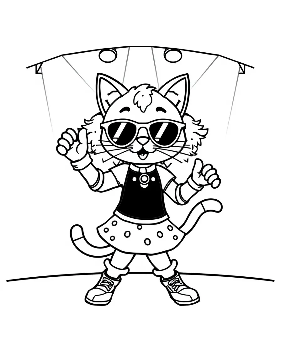 Doja Cat dancing on a stage with spotlights and fun outfits – a fun and kid-friendly coloring page.