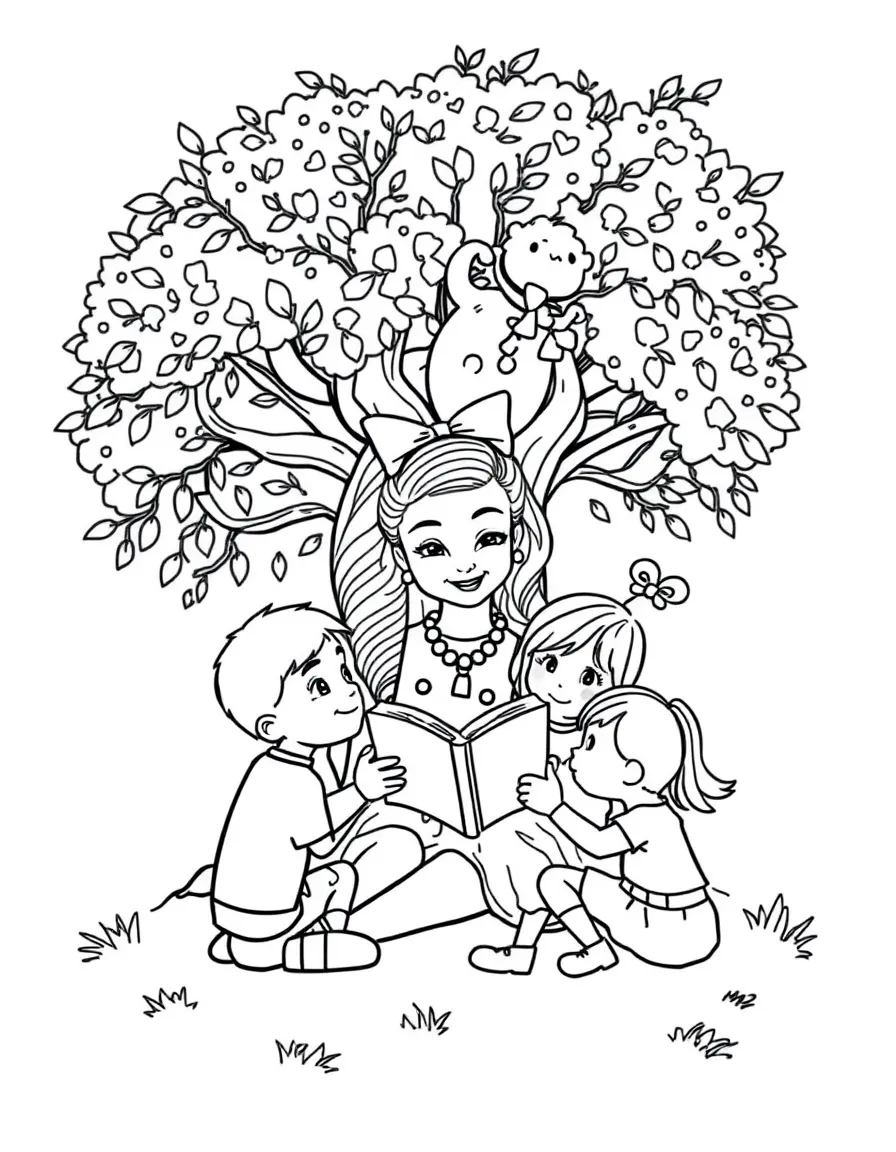 JoJo Siwa reading a storybook to children under a tree – a fun and kid-friendly coloring page.