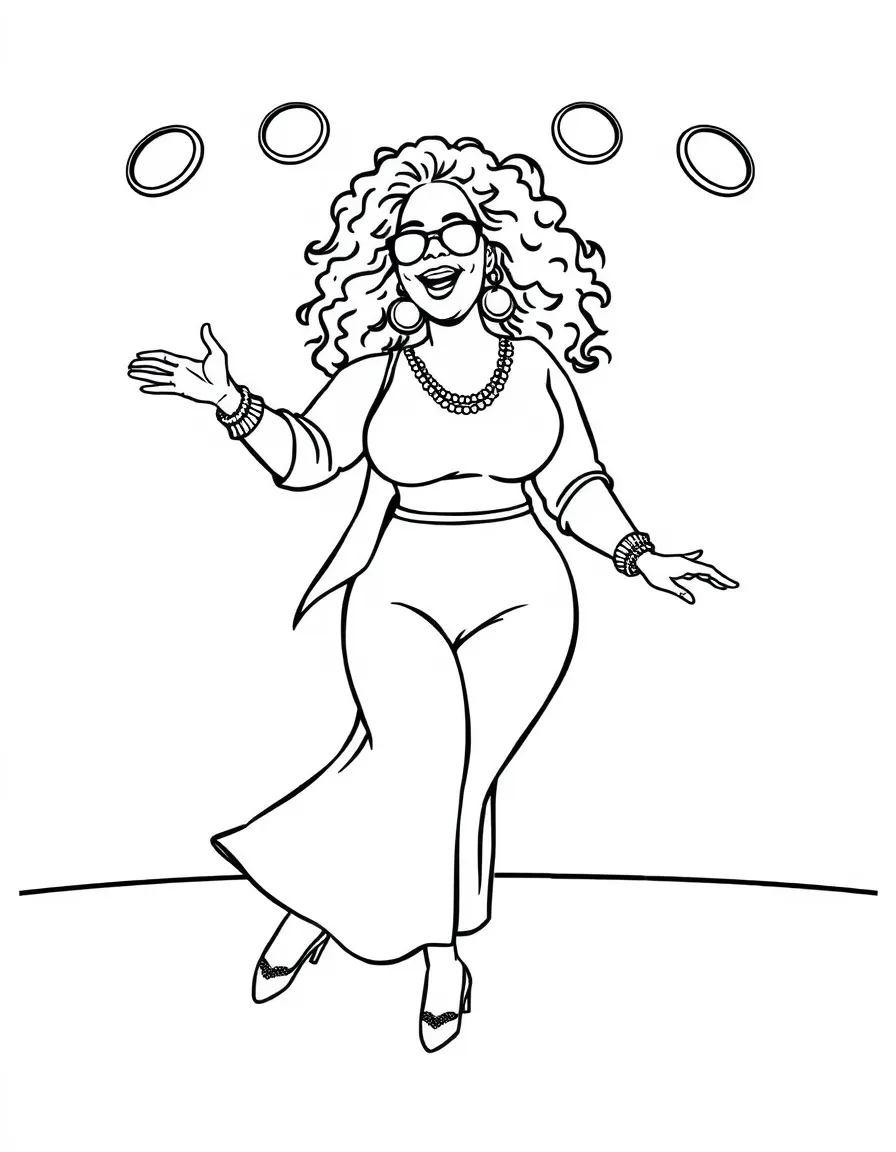 Oprah Winfrey dancing on a stage with spotlights and fun outfits – a fun and kid-friendly coloring page.