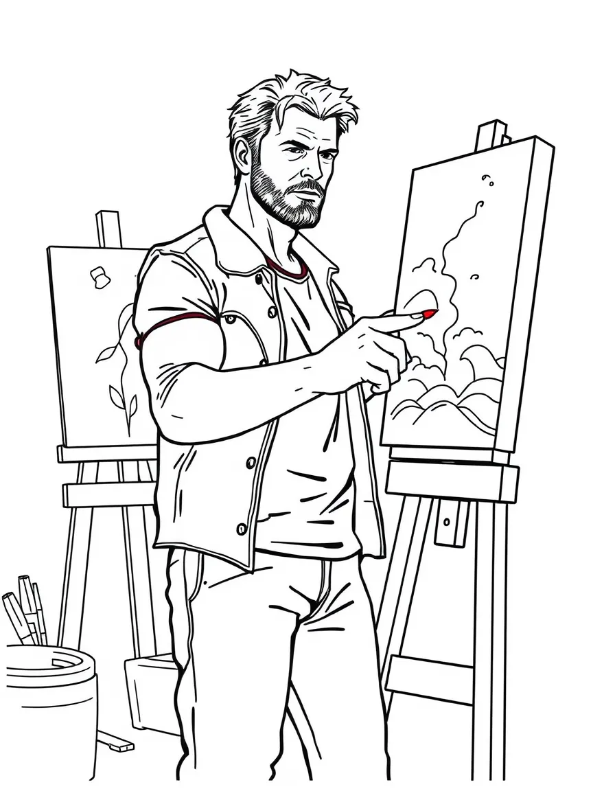 Chris Hemsworth painting a picture at an art studio – a fun and kid-friendly coloring page.
