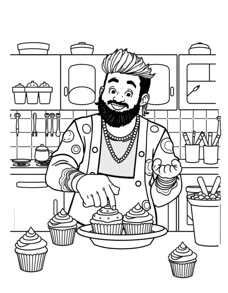 Post Malone baking cupcakes in a colorful kitchen – a fun and kid-friendly coloring page.