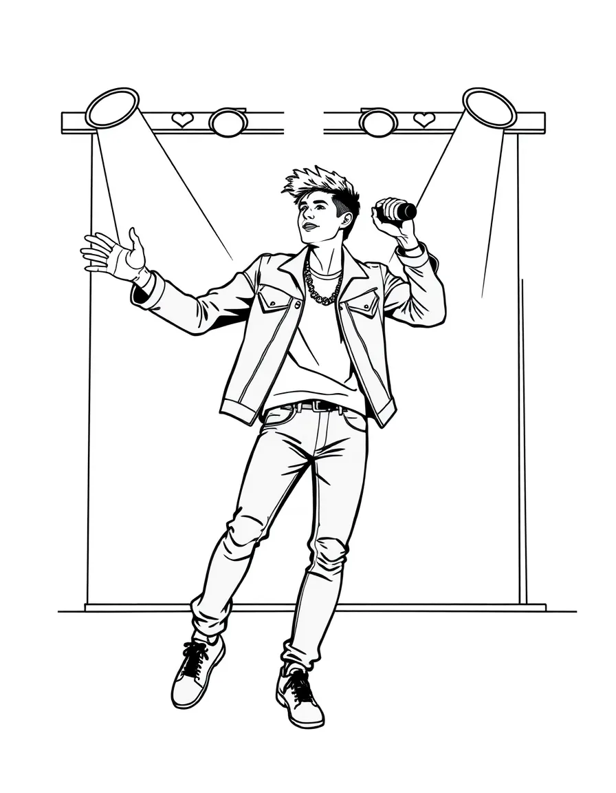 Shawn Mendes dancing on a stage with spotlights and fun outfits – a fun and kid-friendly coloring page.