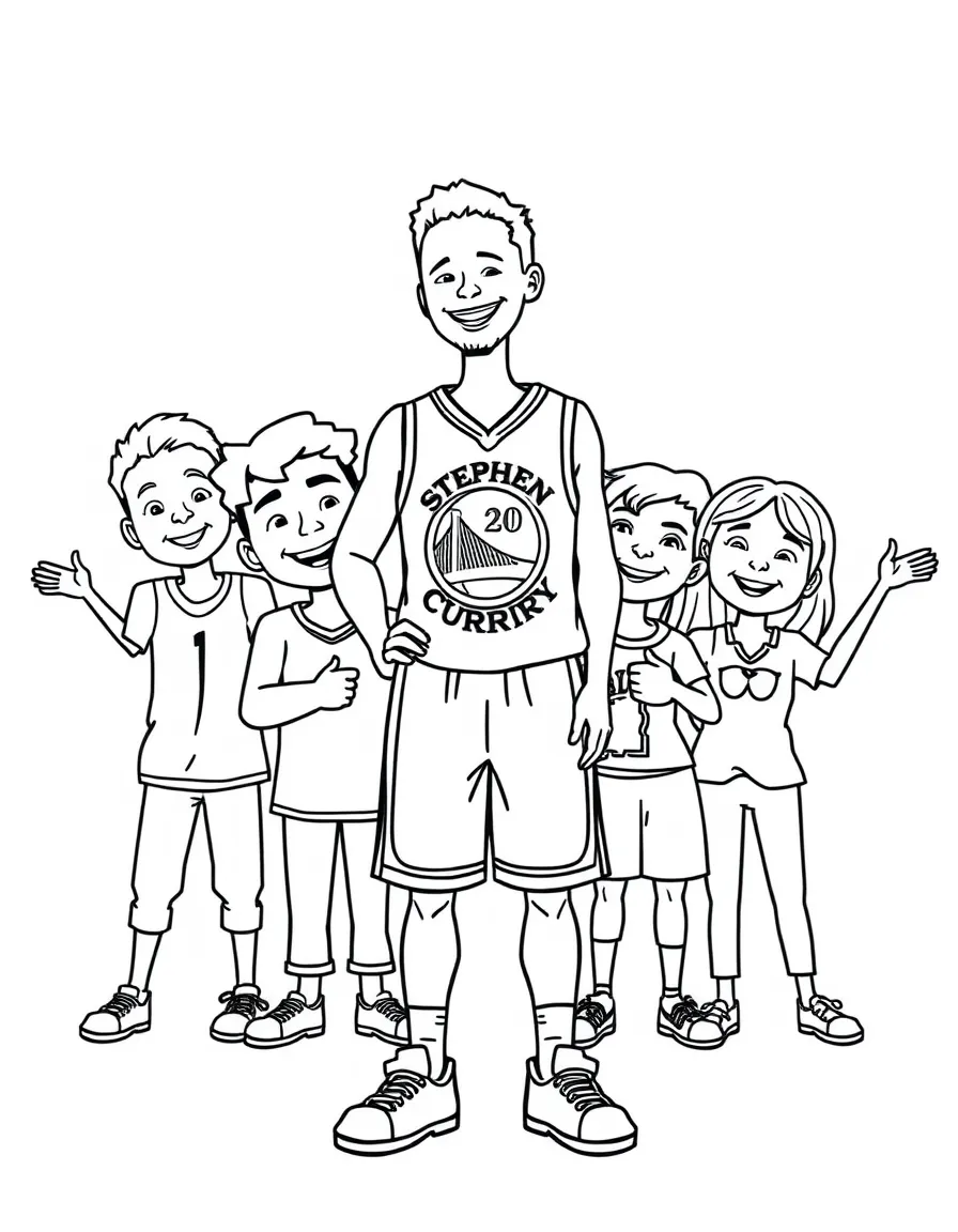 Stephen Curry posing with cartoon versions of their fans – a fun and kid-friendly coloring page.