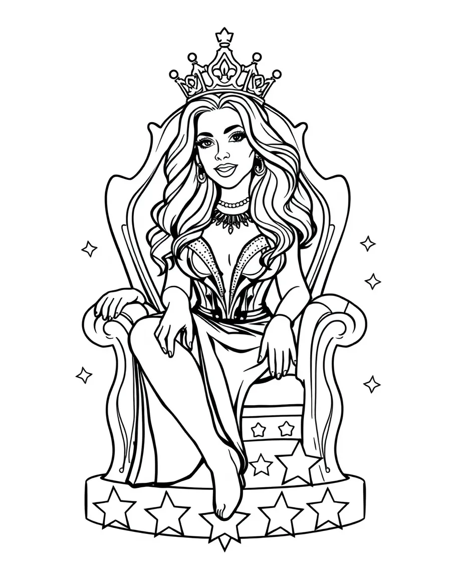 Jennifer Lopez sitting on a throne made of stars with a crown – a fun and kid-friendly coloring page.