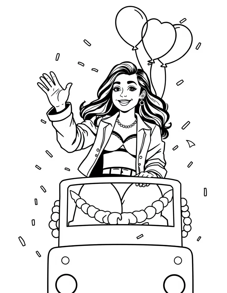 Camila Cabello waving from a parade float with balloons and confetti – a fun and kid-friendly coloring page.