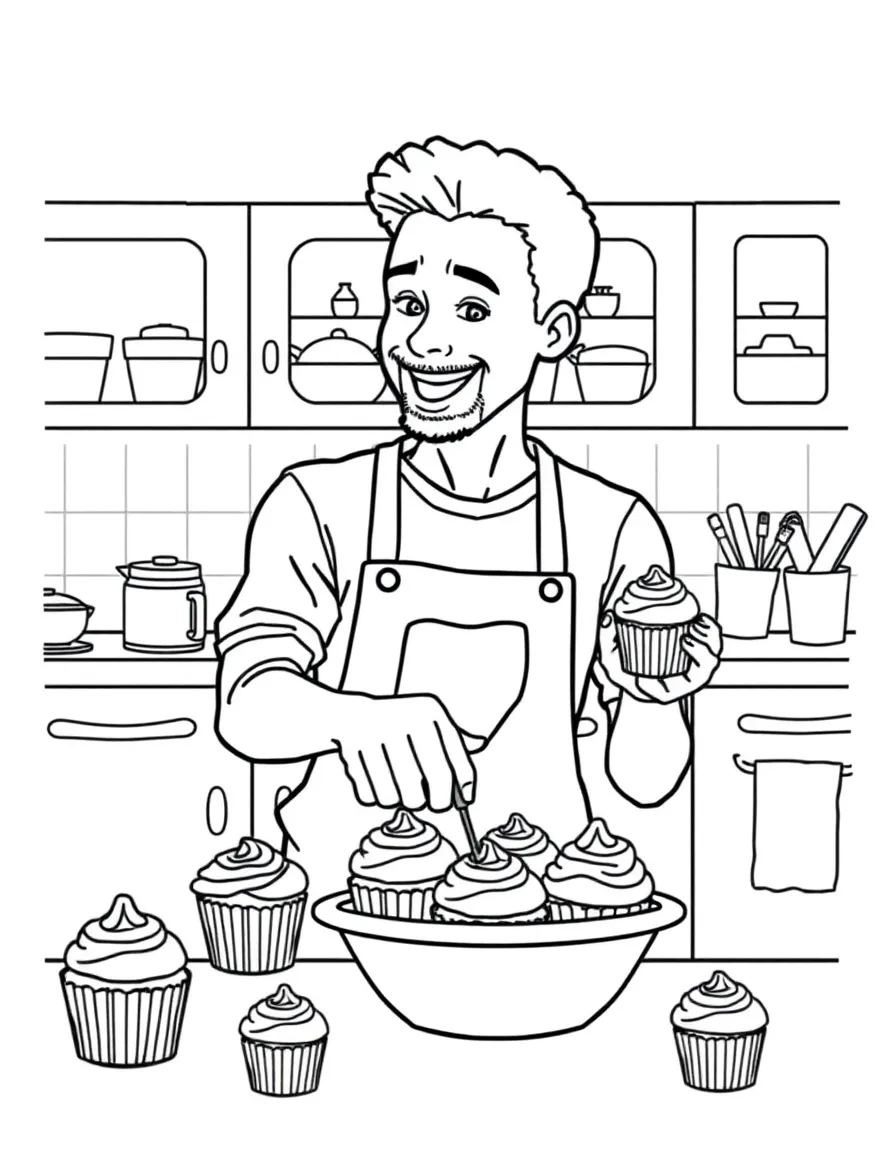 Stephen Curry baking cupcakes in a colorful kitchen – a fun and kid-friendly coloring page.