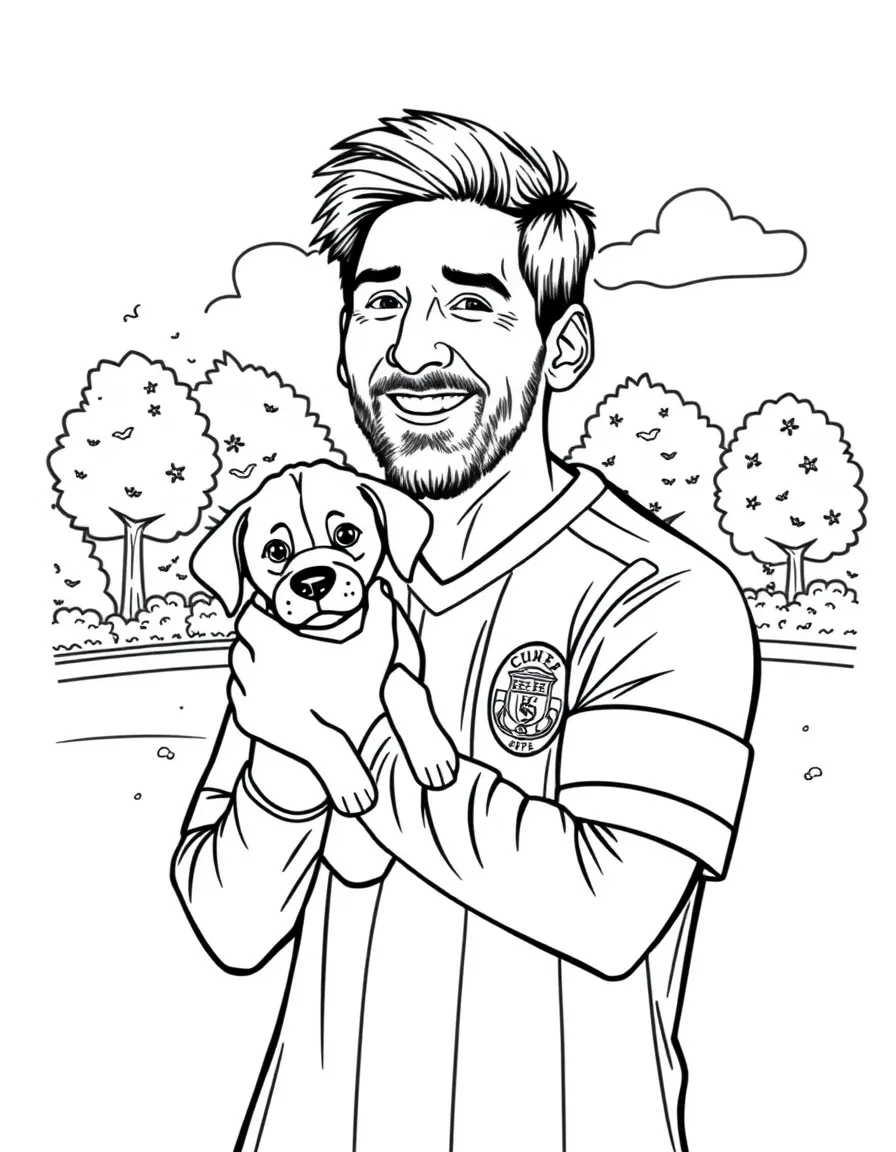 Lionel Messi smiling and holding a puppy with a park background – a fun and kid-friendly coloring page.