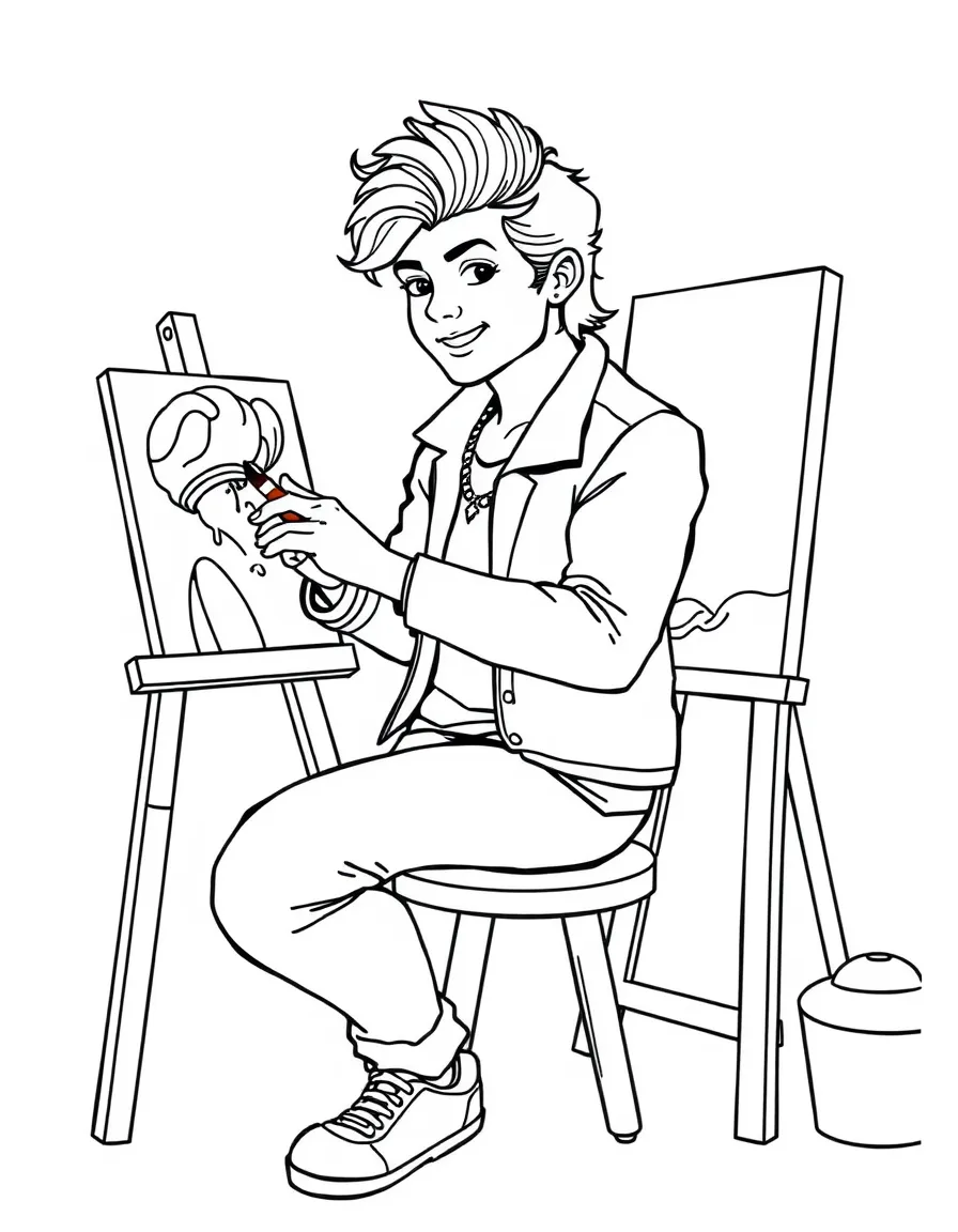Harry Styles painting a picture at an art studio – a fun and kid-friendly coloring page.