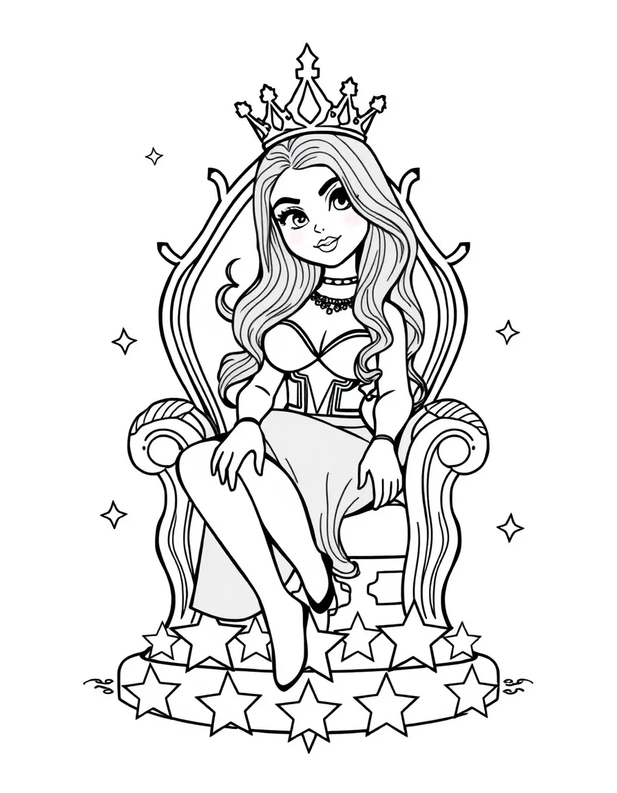 Kylie Jenner sitting on a throne made of stars with a crown – a fun and kid-friendly coloring page.