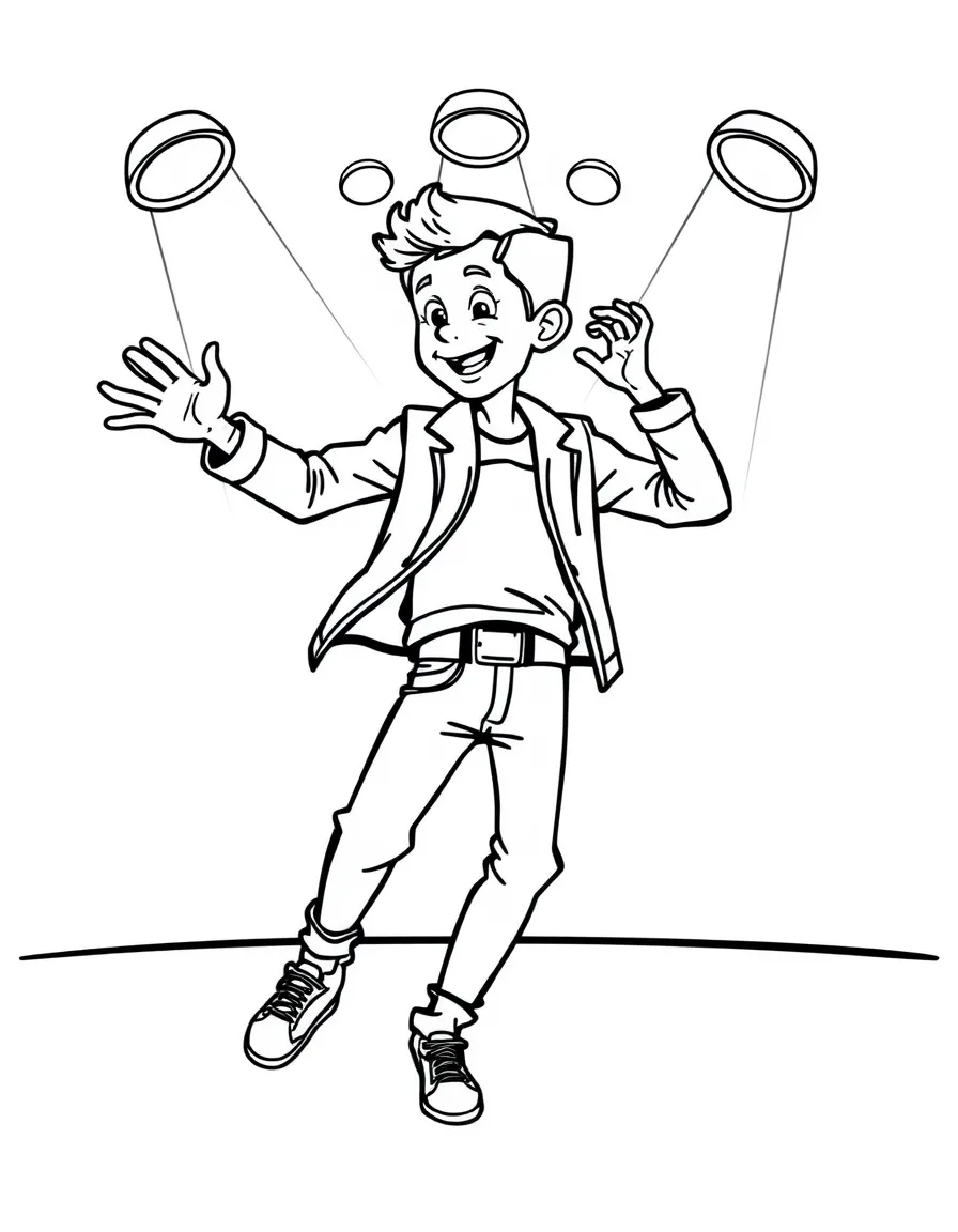 Tom Holland dancing on a stage with spotlights and fun outfits – a fun and kid-friendly coloring page.