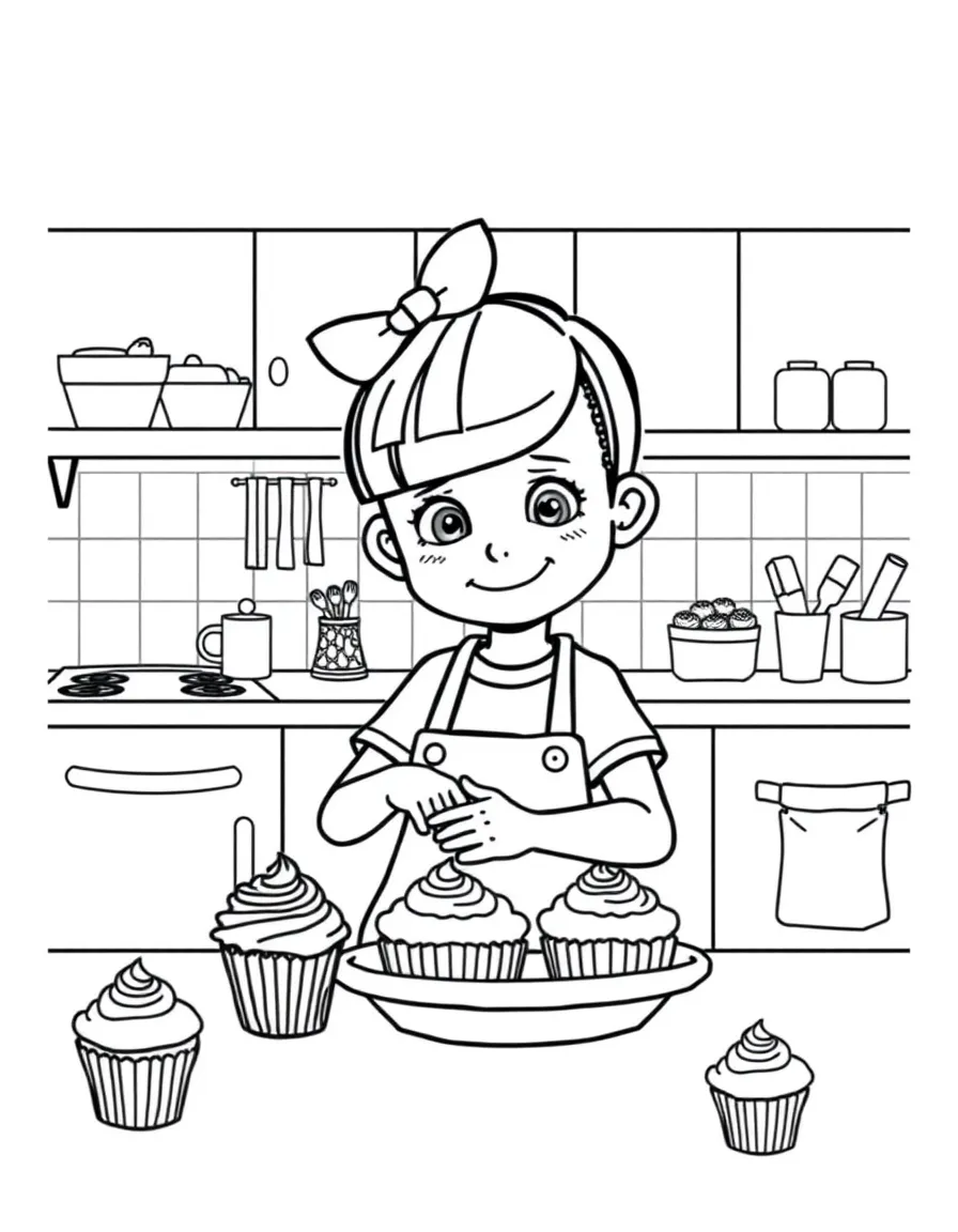 Millie Bobby Brown baking cupcakes in a colorful kitchen – a fun and kid-friendly coloring page.