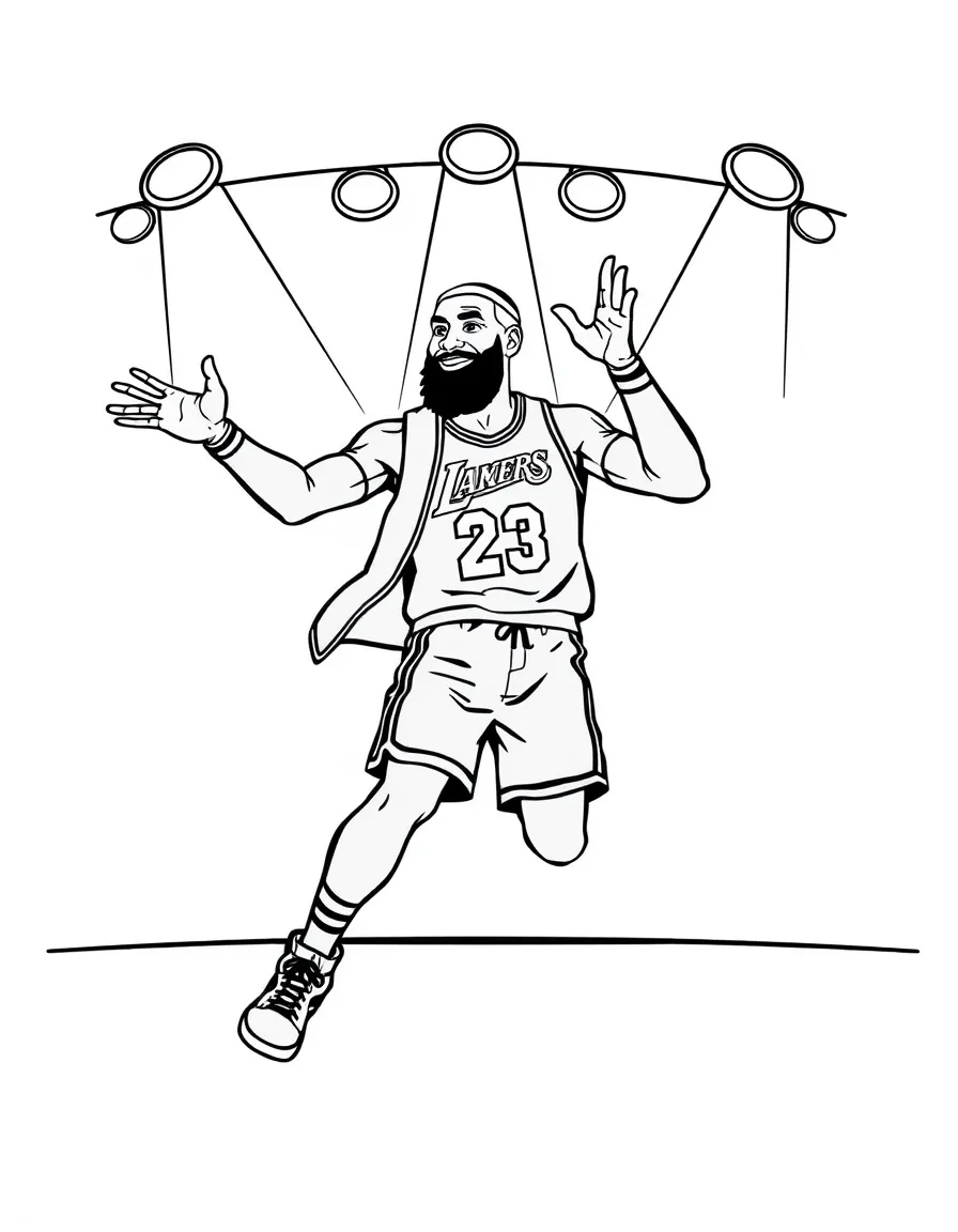 LeBron James dancing on a stage with spotlights and fun outfits – a fun and kid-friendly coloring page.