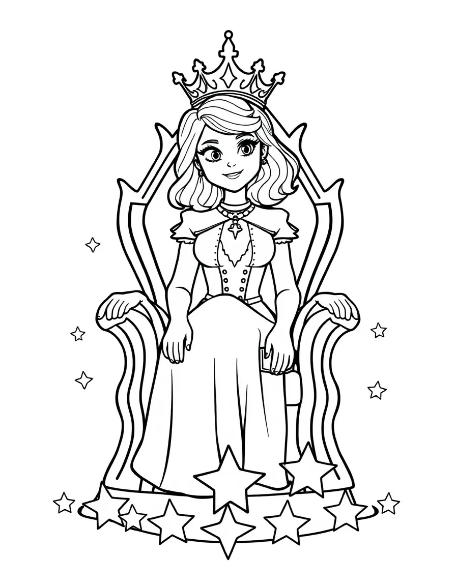 Emma Stone sitting on a throne made of stars with a crown – a fun and kid-friendly coloring page.