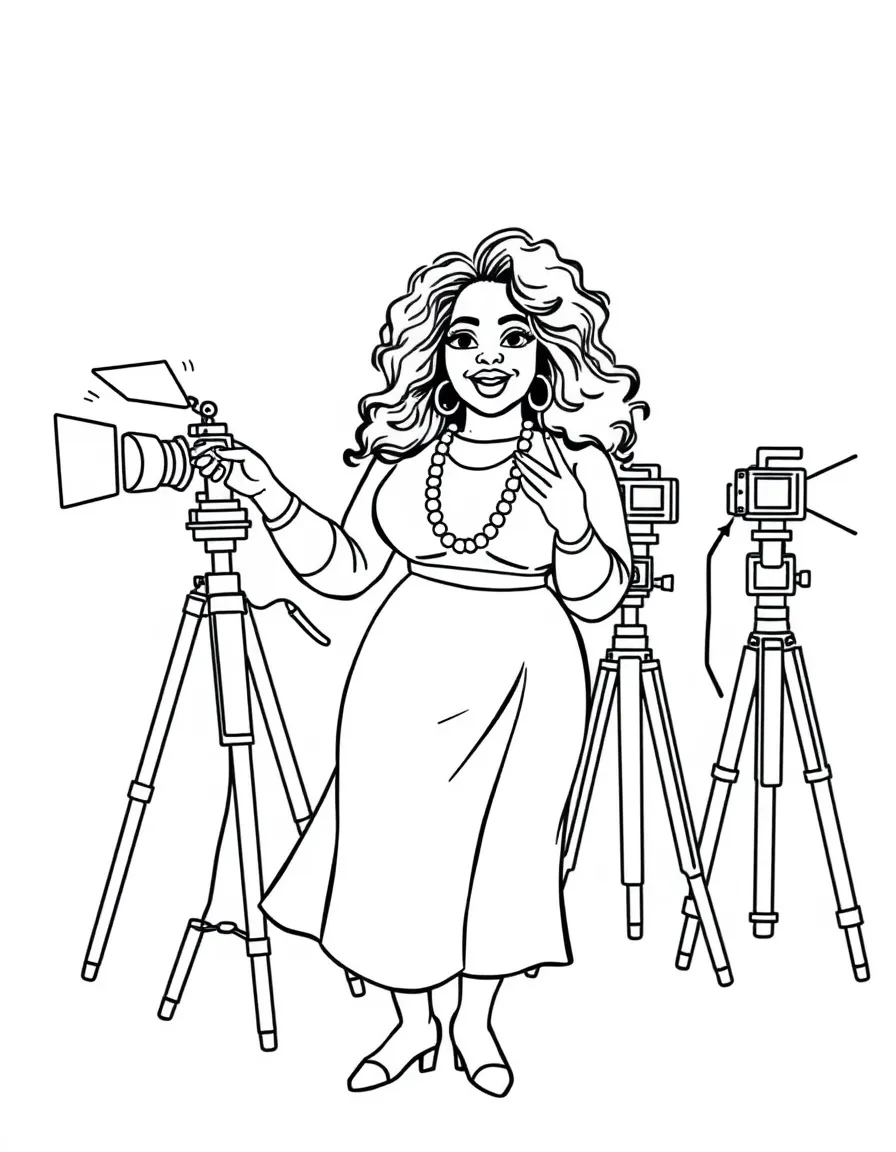 Oprah Winfrey acting in a scene on a movie set with cameras – a fun and kid-friendly coloring page.