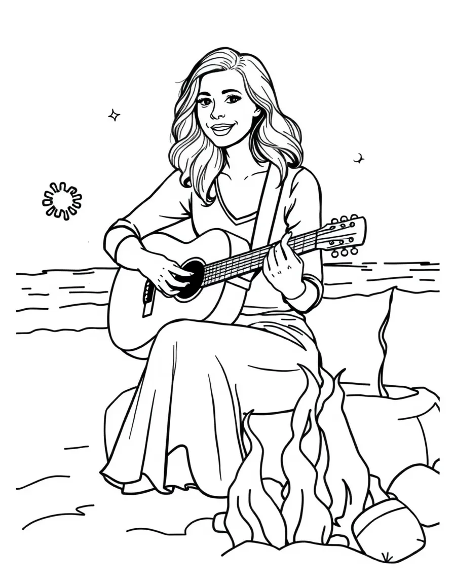 Anne Hathaway playing guitar at a beach bonfire – a fun and kid-friendly coloring page.