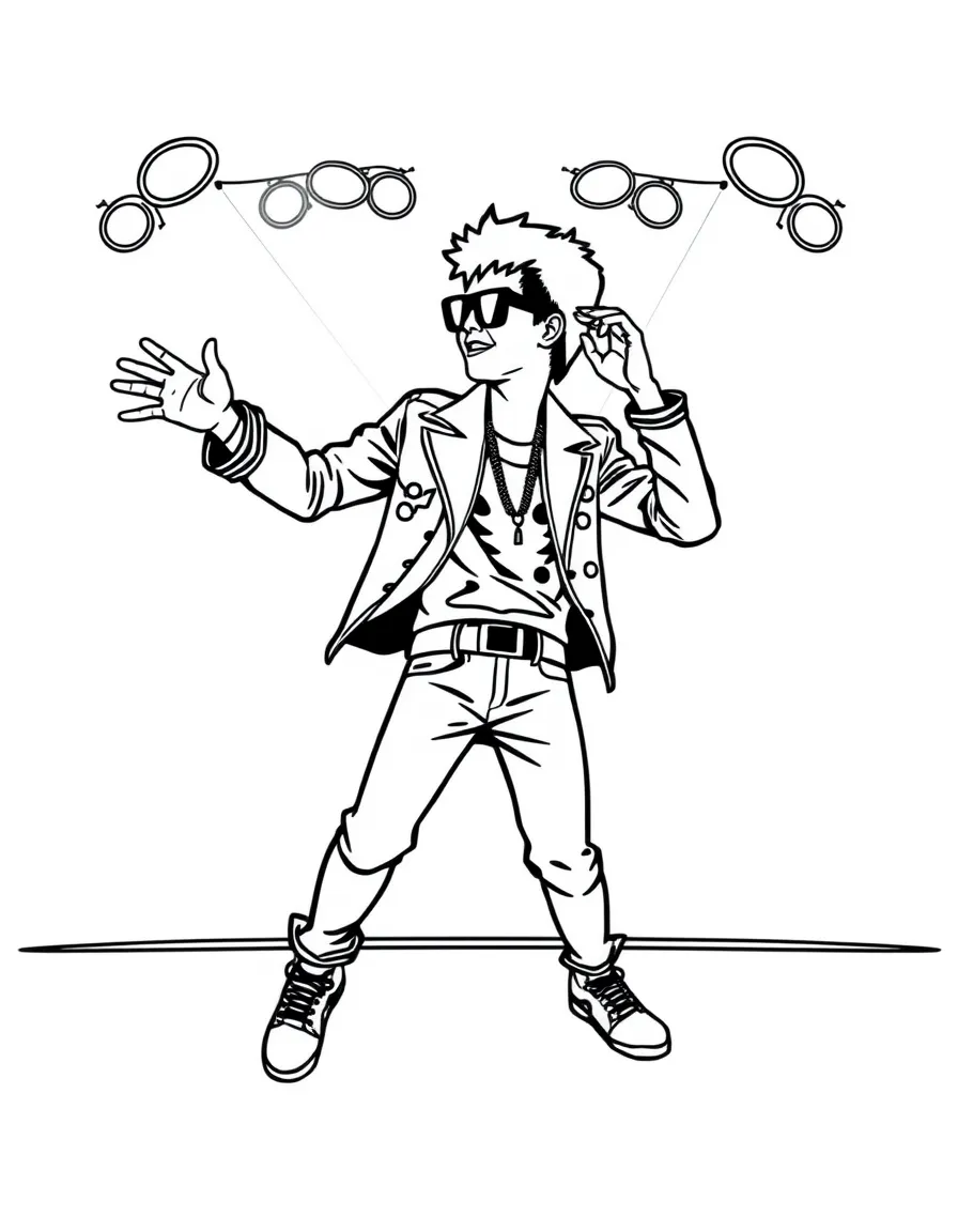 Bruno Mars dancing on a stage with spotlights and fun outfits – a fun and kid-friendly coloring page.