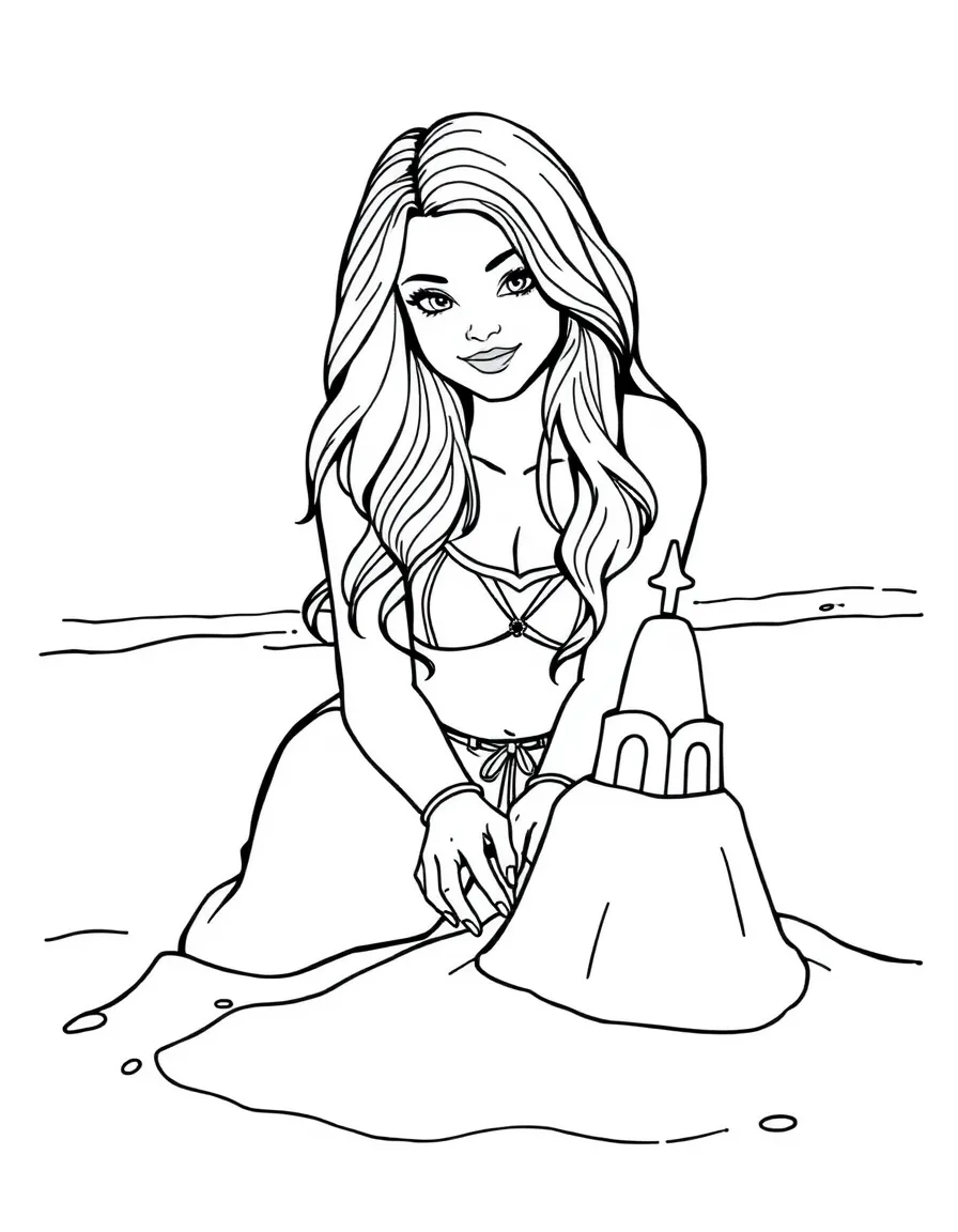 Selena Gomez building a sandcastle at the beach – a fun and kid-friendly coloring page.