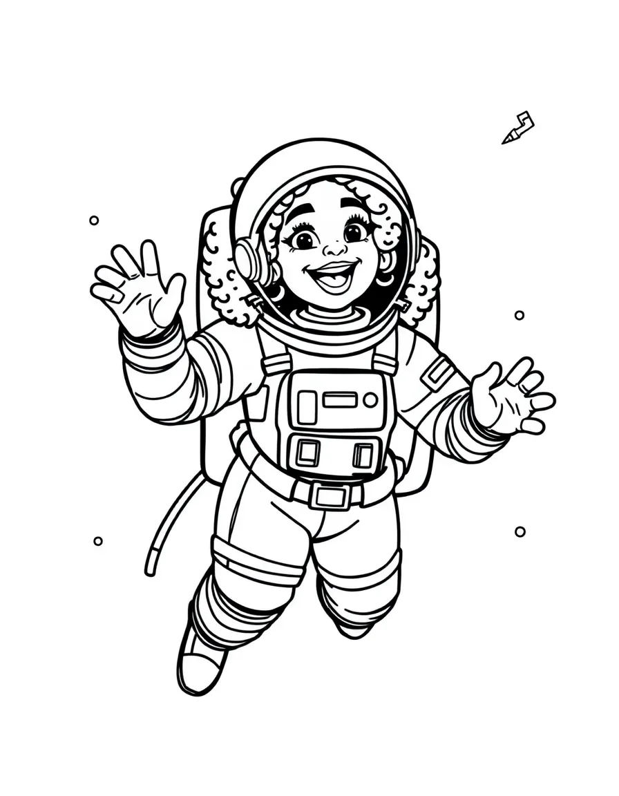 Oprah Winfrey exploring space in an astronaut suit – a fun and kid-friendly coloring page.
