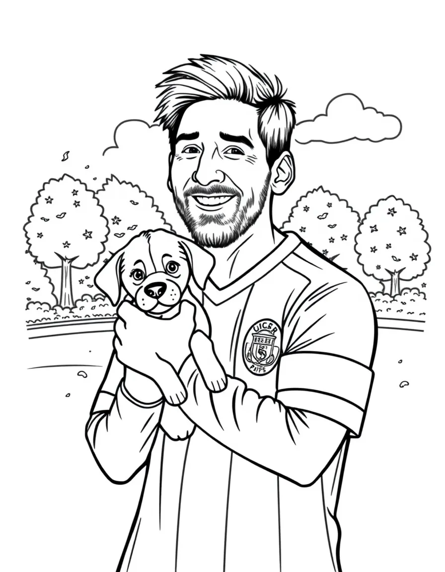 Lionel Messi smiling and holding a puppy with a park background – a fun and kid-friendly coloring page.