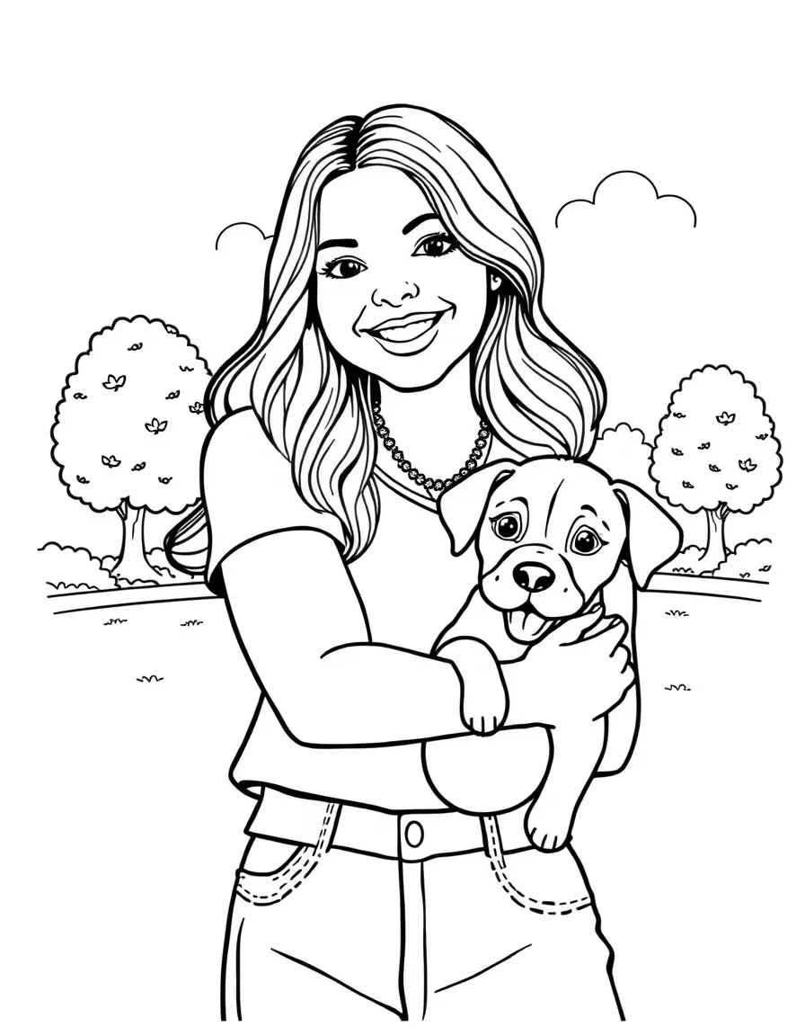 Camila Cabello smiling and holding a puppy with a park background – a fun and kid-friendly coloring page.