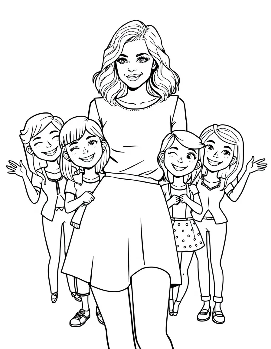 Emma Stone posing with cartoon versions of their fans – a fun and kid-friendly coloring page.