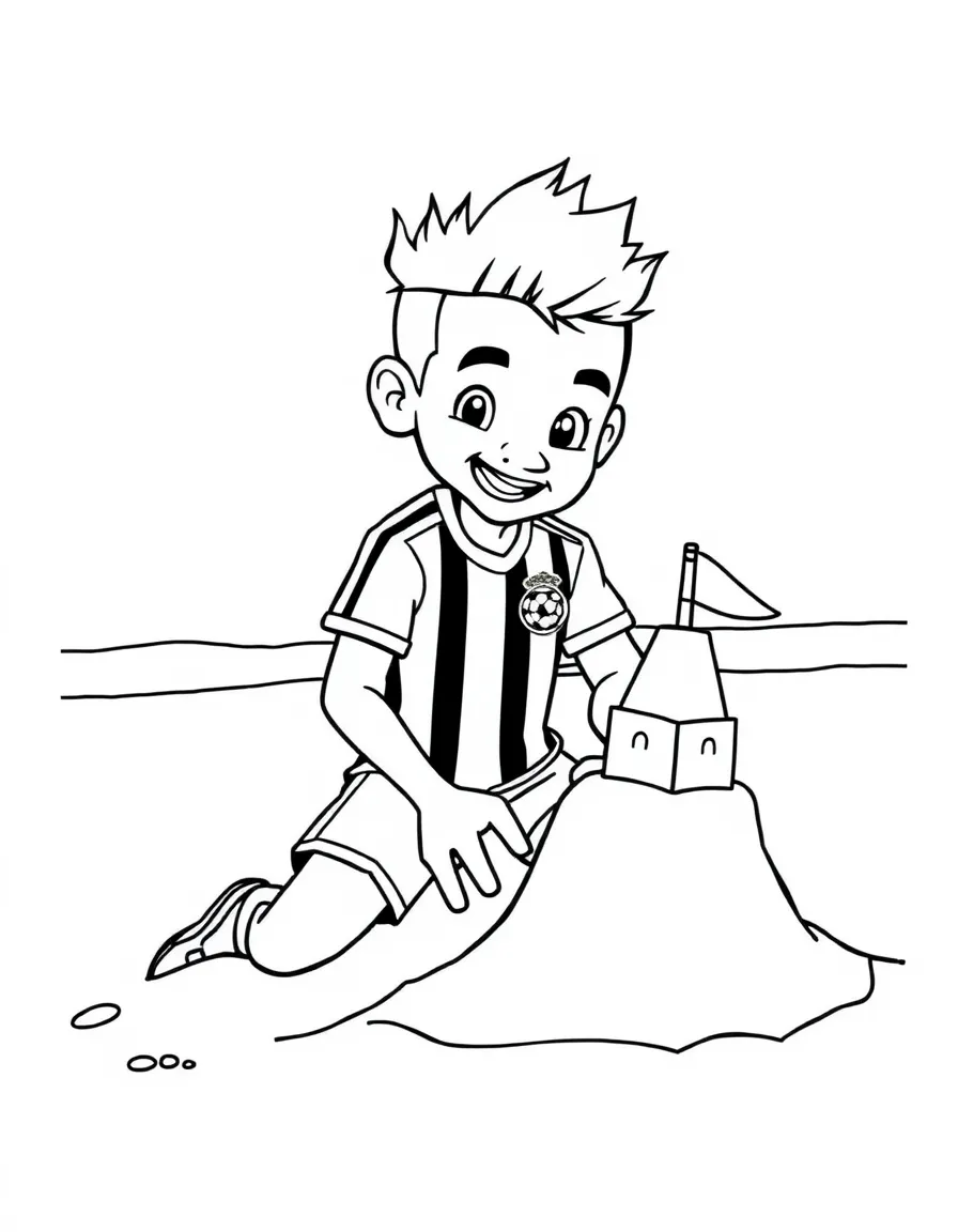 Neymar Jr. building a sandcastle at the beach – a fun and kid-friendly coloring page.