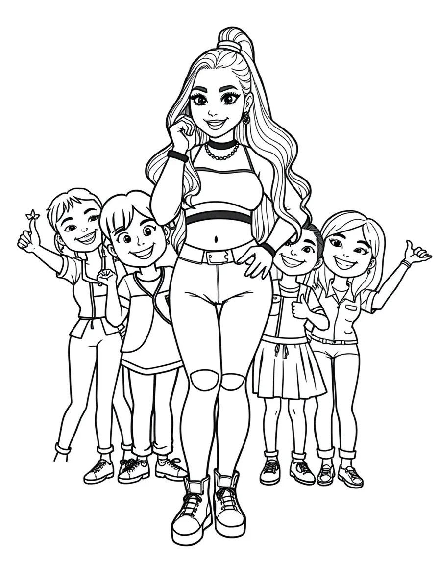 Ariana Grande posing with cartoon versions of their fans – a fun and kid-friendly coloring page.