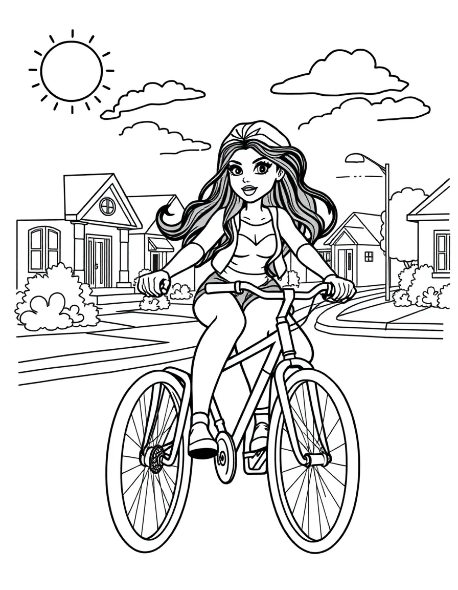 Kylie Jenner riding a bicycle through a sunny neighborhood – a fun and kid-friendly coloring page.