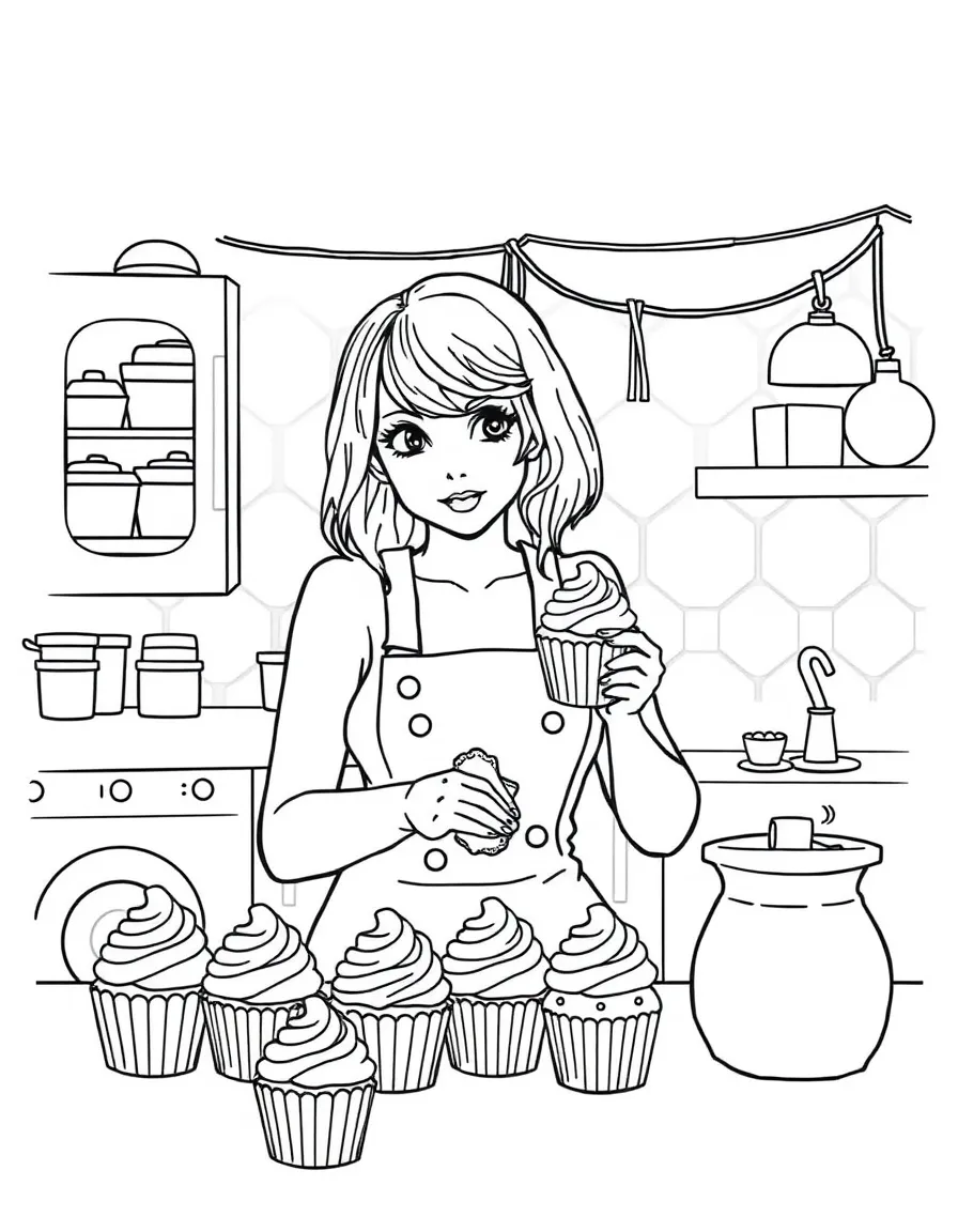 Taylor Swift baking cupcakes in a colorful kitchen – a fun and kid-friendly coloring page.