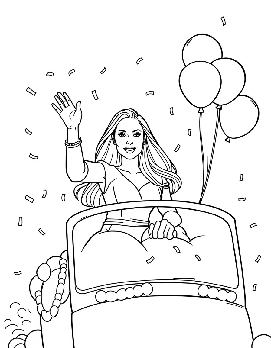 Angelina Jolie waving from a parade float with balloons and confetti – a fun and kid-friendly coloring page.